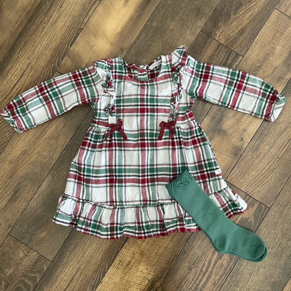 Ruffle Butts Holiday dress with new high ruffle socks and fluffy white coat